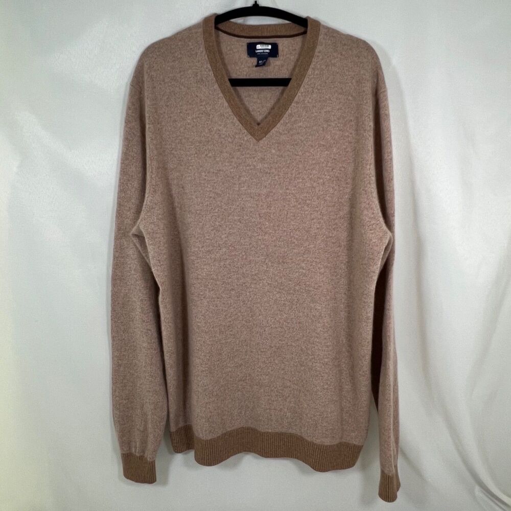 Lands End 100% Cashmere V Neck Sweater Men's XLT Beige Soft Luxury Dadcore Cozy